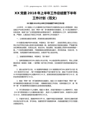 XX党委2018年上半年工作总结暨下半年工作计划（范文）.docx