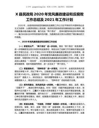X县民政局2020年党风廉政建设和反腐败工作总结及2021年工作计划.docx