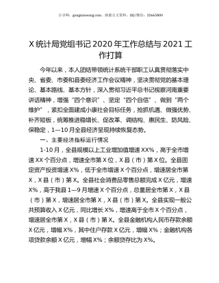 X统计局党组书记2020年工作总结与2021工作打算.docx