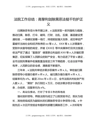 法院工作总结：高擎利剑除黑恶 法槌千钧护正义.docx