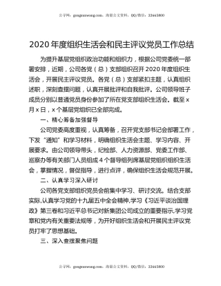 2020年度组织生活会和民主评议党员工作总结.docx