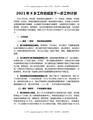 2021年X乡工作总结及下一步工作计划.docx