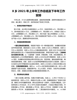 X乡2021年上半年工作总结及下半年工作安排.docx