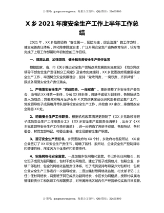 X乡2021年度安全生产工作上半年工作总结.docx
