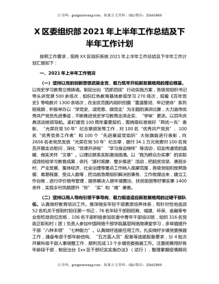 X区委组织部2021年上半年工作总结及下半年工作计划.docx