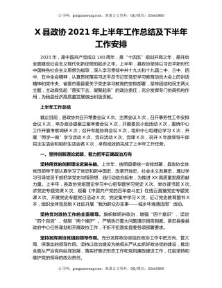 X县政协2021年上半年工作总结及下半年工作安排.docx