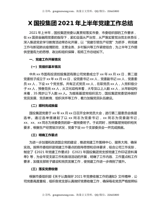 X国投集团2021年上半年党建工作总结.docx