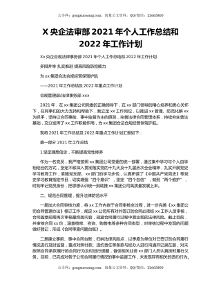 X央企法审部2021年个人工作总结和2022年工作计划.docx