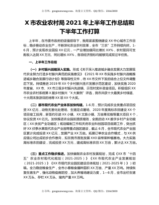 X市农业农村局2021年上半年工作总结和下半年工作打算.docx