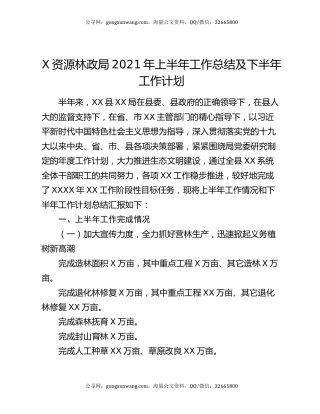 X资源林政局2021年上半年工作总结及下半年工作计划.docx