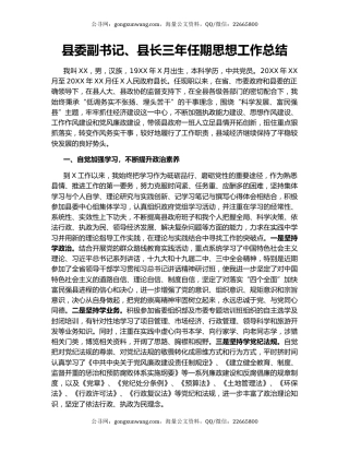 县委副书记、县长三年任期思想工作总结.docx