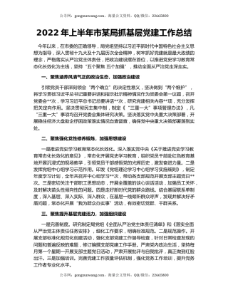 2022年上半年市某局抓基层党建工作总结