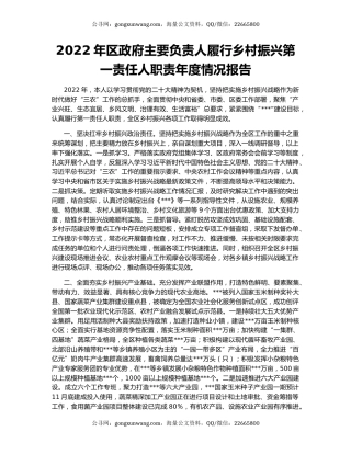 2022年区政府主要负责人履行乡村振兴第一责任人职责年度情况报告