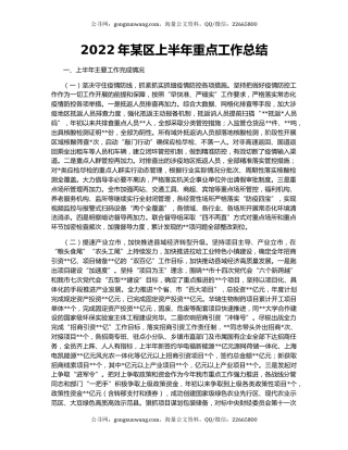2022年某区上半年重点工作总结