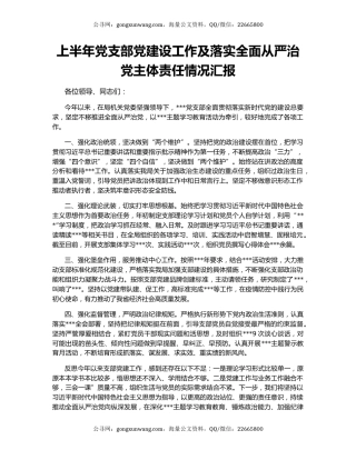 上半年党支部党建设工作及落实全面从严治党主体责任情况汇报