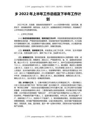 乡2022年上半年工作总结及下半年工作计划