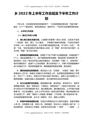 乡2022年上半年工作总结及下半年工作计划（5）