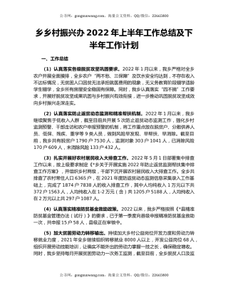 乡乡村振兴办2022年上半年工作总结及下半年工作计划