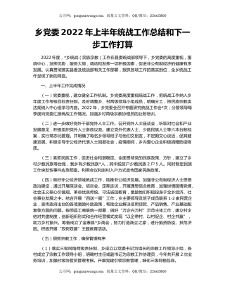 乡党委2022年上半年统战工作总结和下一步工作打算