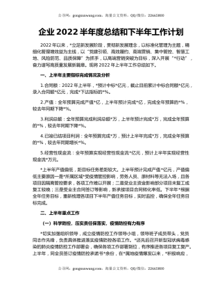 企业2022半年度总结和下半年工作计划