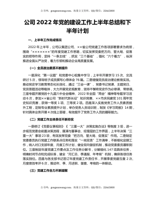 公司2022年党的建设工作上半年总结和下半年计划