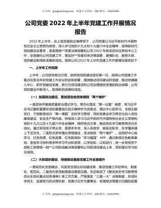 公司党委2022年上半年党建工作开展情况报告
