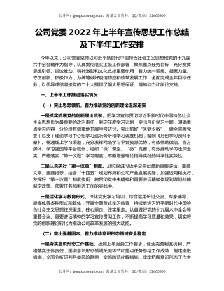 公司党委2022年上半年宣传思想工作总结及下半年工作安排