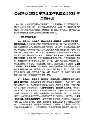 公司党委2022年党建工作总结及2023年工作计划