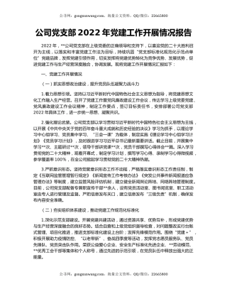公司党支部2022年党建工作开展情况报告