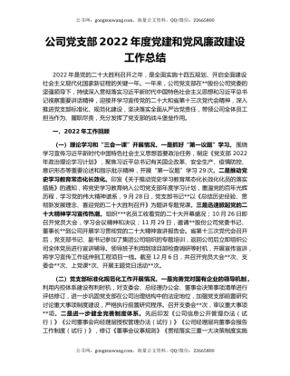 公司党支部2022年度党建和党风廉政建设工作总结