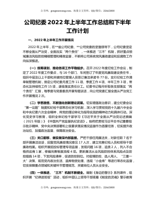 公司纪委2022年上半年工作总结和下半年工作计划