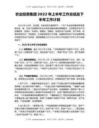 农业投资集团2022年上半年工作总结及下半年工作计划