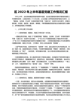 区2022年上半年基层党建工作情况汇报