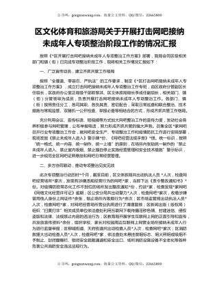 区文化体育和旅游局关于开展打击网吧接纳未成年人专项整治阶段工作的情况汇报