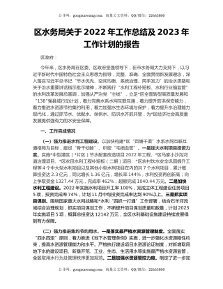 区水务局关于2022年工作总结及2023年工作计划的报告
