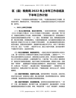 区（县）税务局2022年上半年工作总结及下半年工作计划