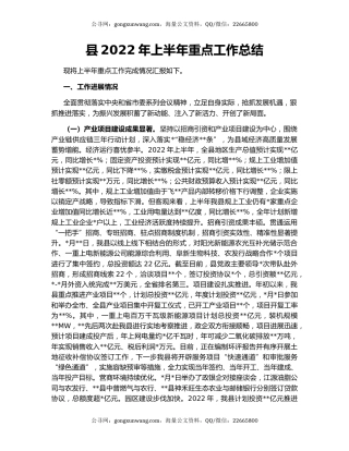 县2022年上半年重点工作总结