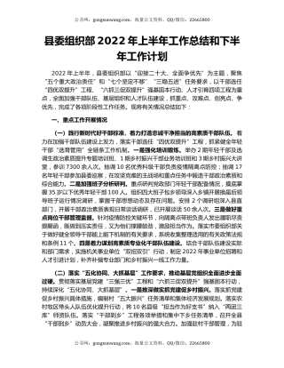 县委组织部2022年上半年工作总结和下半年工作计划