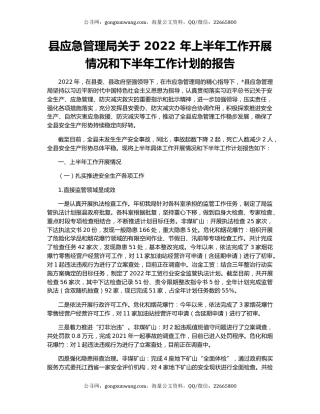 县应急管理局关于 2022 年上半年工作开展情况和下半年工作计划的报告