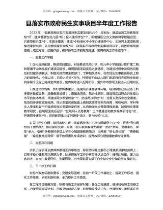 县落实市政府民生实事项目半年度工作报告