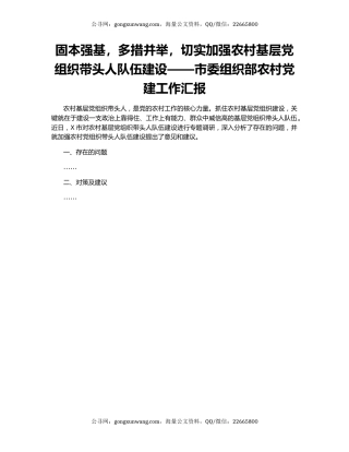 固本强基，多措并举，切实加强农村基层党组织带头人队伍建设——市委组织部农村党建工作汇报