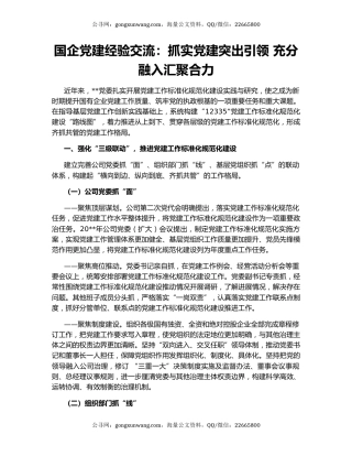 国企党建经验交流：抓实党建突出引领 充分融入汇聚合力