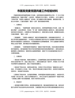 市医院党委党团共建工作经验材料