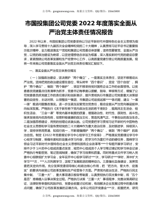 市国投集团公司党委2022年度落实全面从严治党主体责任情况报告