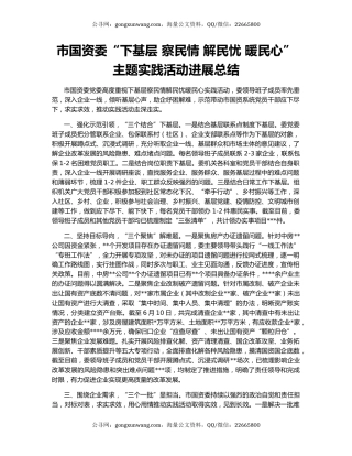 市国资委“下基层 察民情 解民忧 暖民心”主题实践活动进展总结