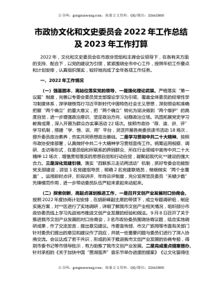 市政协文化和文史委员会2022年工作总结及2023年工作打算