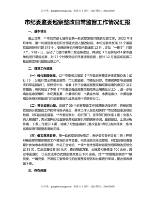 市纪委监委巡察整改日常监督工作情况汇报