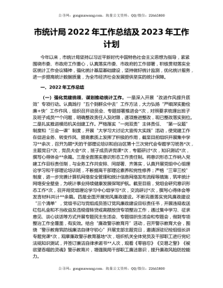 市统计局2022年工作总结及2023年工作计划