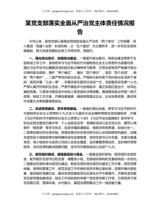 某党支部落实全面从严治党主体责任情况报告