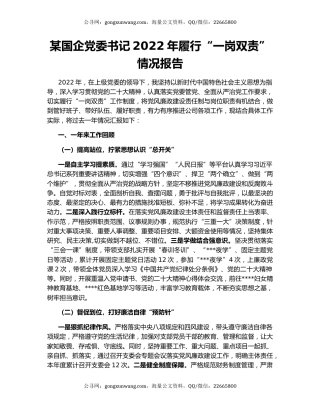某国企党委书记2022年履行“一岗双责”情况报告
